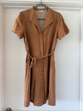 Camel with White Polka Dot Button-Front Midi Dress